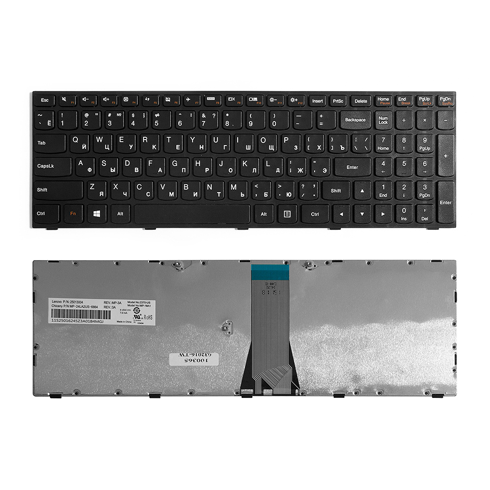 Купить оптом Клавиатура для ноутбука Lenovo IdeaPad G50-30, G50-45, G50-70 Series. Плоский Enter. Черная, с черной рамкой. PN: MP-13Q13US-686.