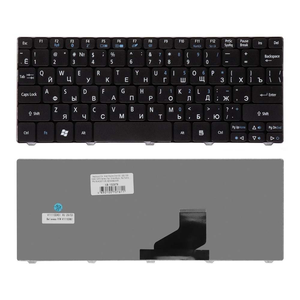 Купить оптом Клавиатура для ноутбука Acer Aspire One 532, 522, D255, D260 Series. Плоский Enter. Черная, без рамки. PN: 90.4GS07.C0R