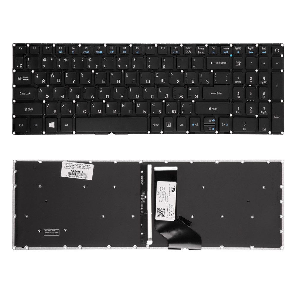 Купить оптом Клавиатура для ноутбука Acer Aspire E5-522, E5-573, E5-722 Series. Плоский Enter. Черная, без рамки. С подсветкой. PN: NK.I1513.006.