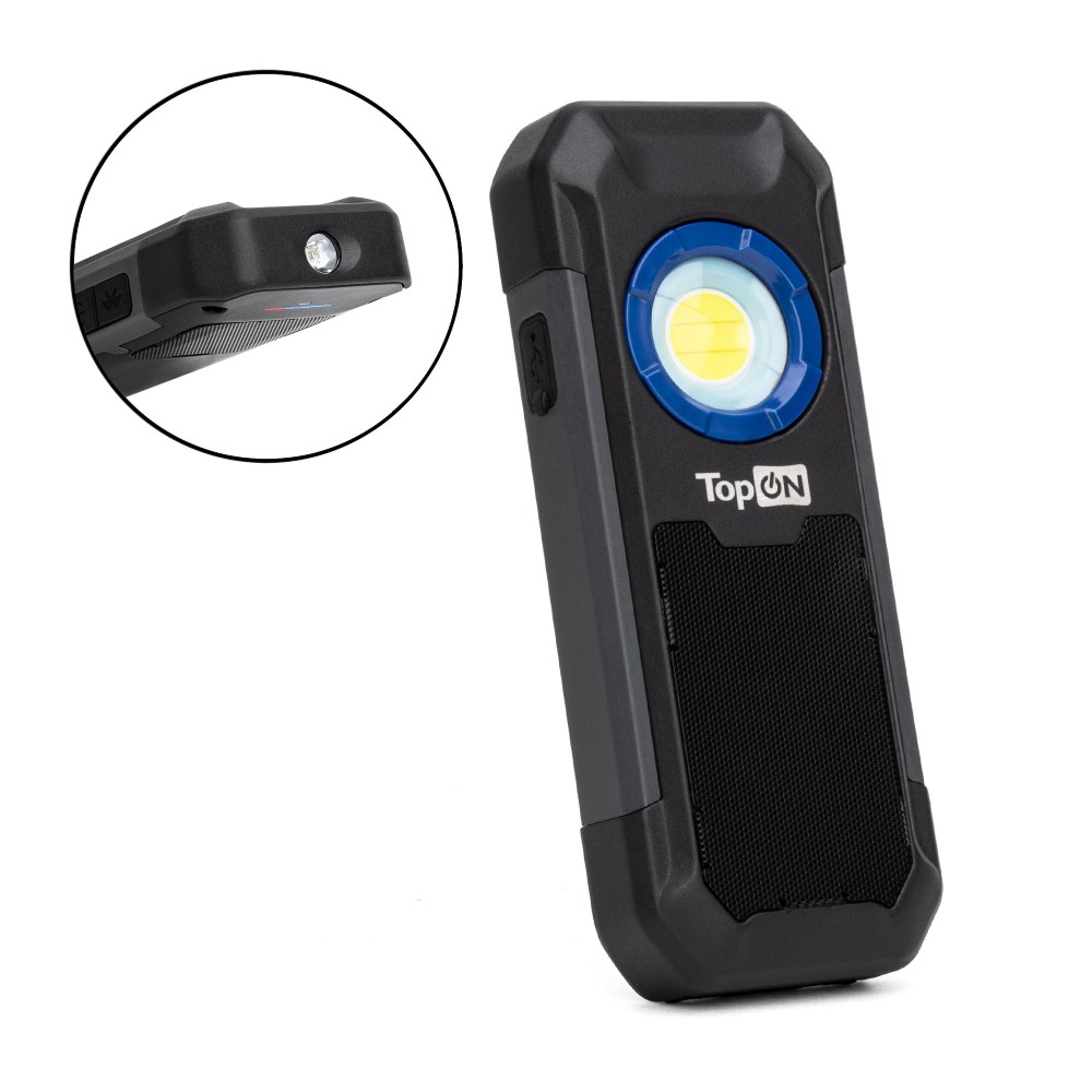 Купить оптом Аккумуляторный фонарь TopON TOP-MX055BT LED 5 Вт 550 лм 3.7 B 3 Ач 11.1 Втч Bluetooth колонка, дополнительный фонарь, магнитное крепление, крючок