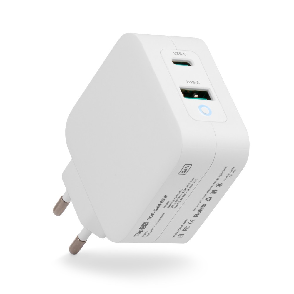 Купить оптом Блок питания TopON GaN 65W Type-C PD, PPS, USB QC Белый TOP-GaN-65W