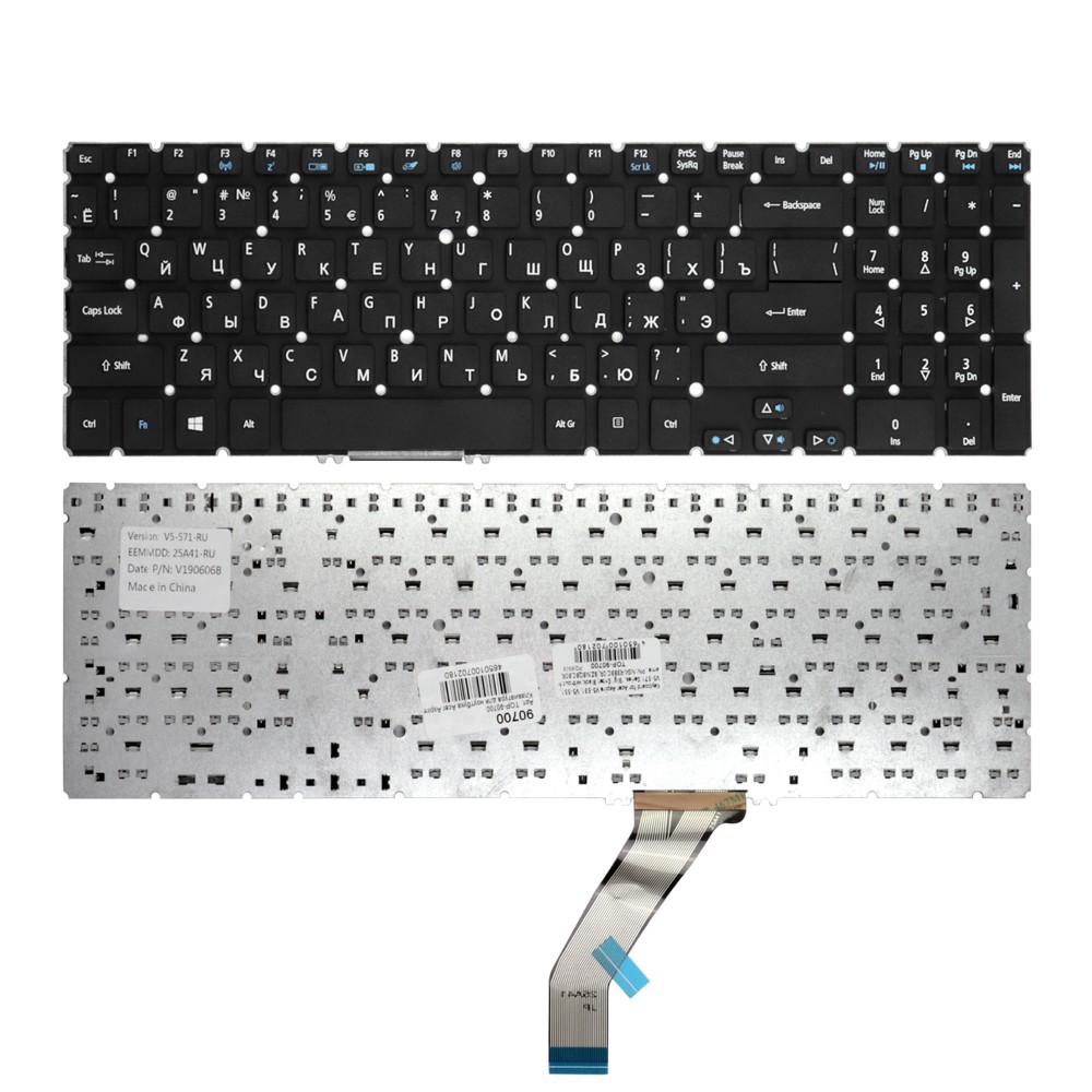 Купить оптом Клавиатура для ноутбука Acer Aspire V5-531, V5-551, V5-571 Series. Г-образный Enter. Черная, без рамки. PN: NSK-R3BBC 0R.
