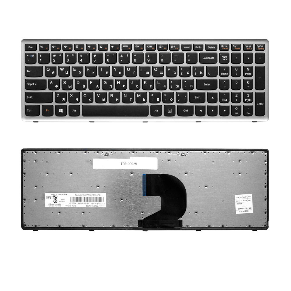 Купить оптом Клавиатура для ноутбука Lenovo IdeaPad IdeaPad P500, Z500 Series. Плоский Enter. Черная, с серой рамкой. PN: 9Z.N8RSC.301.
